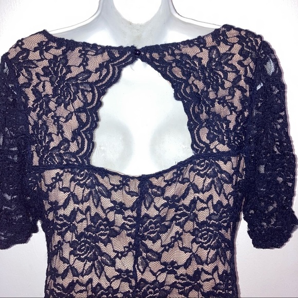 Candalite Scalloped Stretch Lace Cut out Back Navy Blue Tan Dress M - Picture 5 of 7